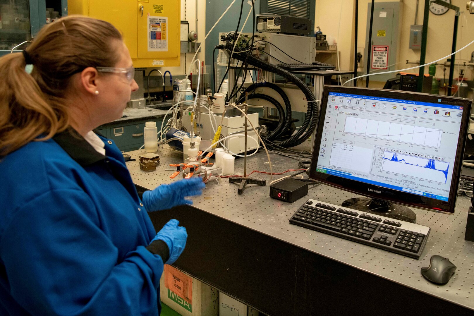 Naval Research Lab Chemical Engineer Katherine Hinnant tests an experimental aqueous film-forming foam at the NRL in Washington, Sept. 23, 2019. NRL scientists are conducting research to support the Defense Department’s effort to replace firefighting foams containing fluorine.