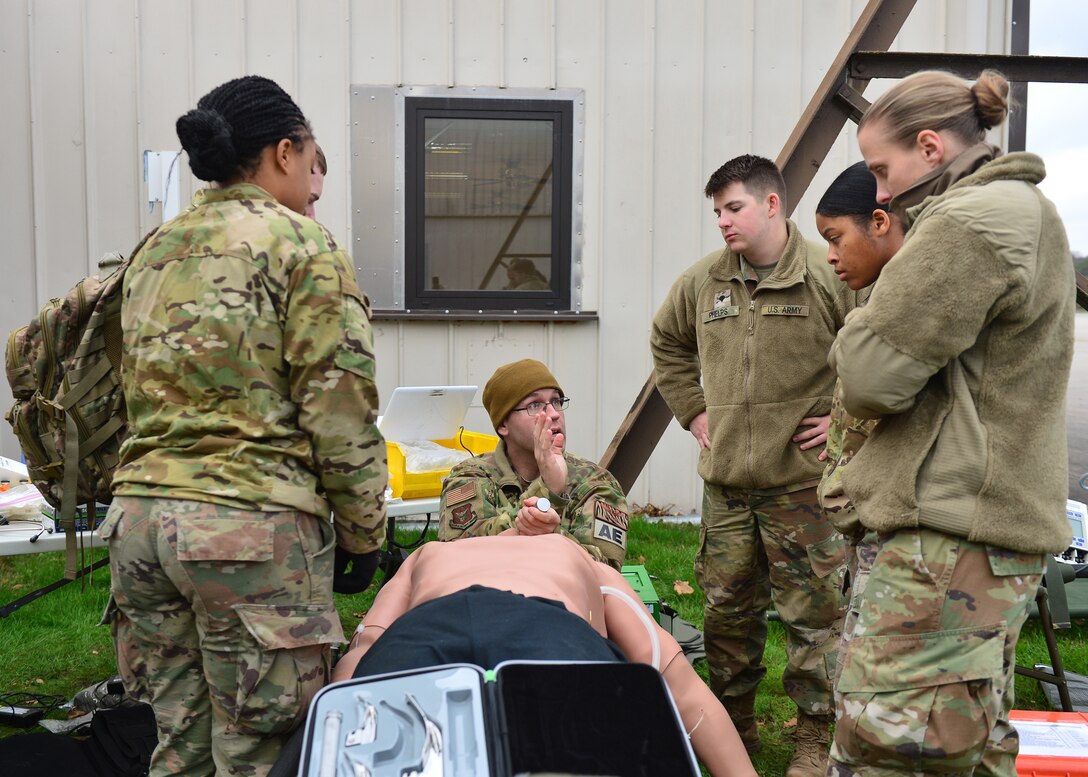 U.S. Air Force Capt. David O’Brien, 86th Aeromedical Evacuation Squadron flight nurse, demonstrates the proper procedure for safely intubating patients at Ramstein Air Base, Germany, Nov. 15, 2019. Intubation involves opening a patient’s airway to insert an endotracheal tube which connects to a ventilator to assist breathing. (U.S. Air Force photo by Staff Sgt. Jimmie D. Pike)