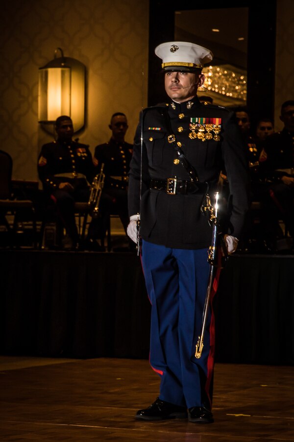 Capt. Craig A. Muma, Marine Forces Reserve adjutant with MARFORRES, sounds Adjutant’s Call during the MARFORRES 244th Marine Corps’ birthday ball ceremony in New Orleans, Nov. 16, 2019. MARFORRES annually celebrates the birthday of the Marine Corps, established by the Continental Congress on Nov. 10, 1775. (U.S. Marine Corps photo by Lance Cpl. Jose Gonzalez)