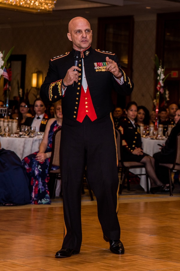 Lt. Gen. David G. Bellon, commander of Marine Forces Reserve and Marine Forces North, addresses the audience during the MARFORRES 244th Marine Corps’ birthday ball ceremony in New Orleans, Nov. 16, 2019. MARFORRES annually celebrates the birthday of the Marine Corps, established by the Continental Congress on Nov. 10, 1775. (U.S. Marine Corps photo by Lance Cpl. Jose Gonzalez)