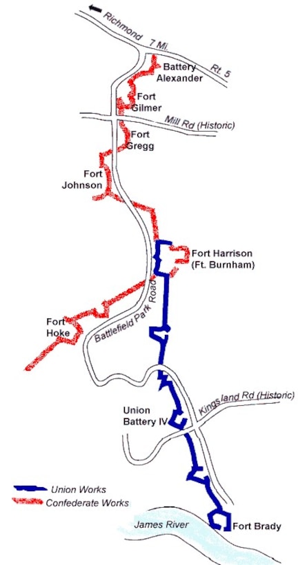 A map of the forts of Chaffin’s Farm near Richmond, Va., during the Civil War. It shows stops by Confederate and Union soldiers from Fort Brady at the James River to Battery Alexander in the north.