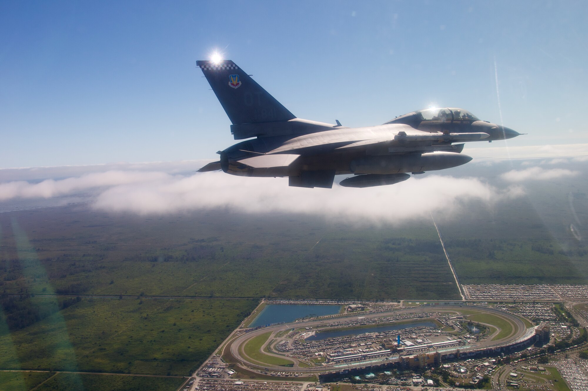 U.S. Air Force F-16 Pilot, Lt. Col. Matthew Russell, from the 85th Test and Evaluation Squadron, Eglin AFB, Fla. flies in preparation to flyover the Miami Dolphins' stadium on November 17, 2019.