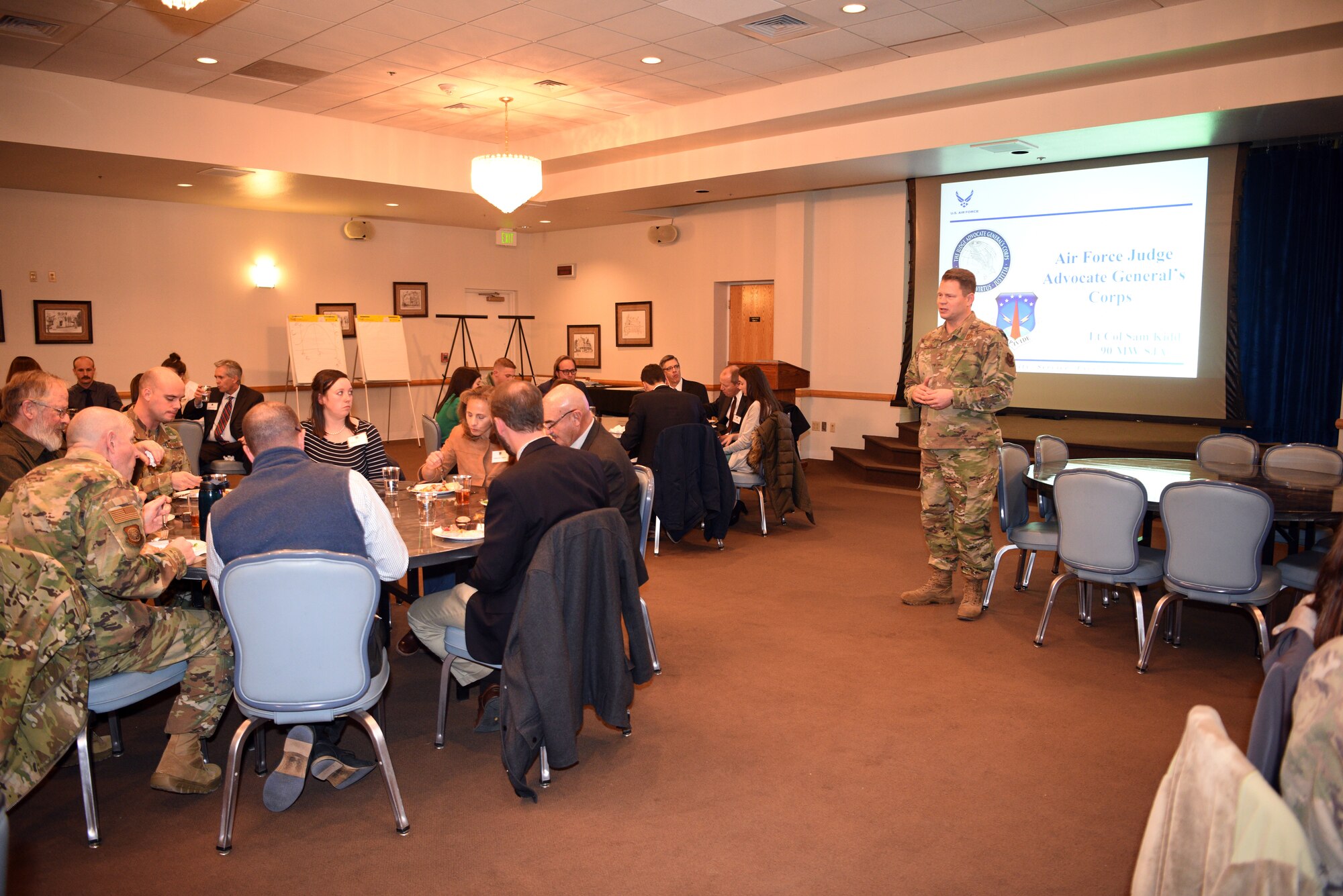 Col. Peter Bonetti, commander of the 90th Missile Wing, addresses a visiting group from the local chapter of the American Inns of Court during a tour on base Nov. 7, 2019, on F. E. Warren Air Force Base, Wyo. Members of the Inns of Court included justices from the state supreme court, law professors from the University of Wyoming, and local attorneys. The tour was intended to promote stronger relationships between the base legal professionals and their local civilian counterparts. (U.S. Air Force photo by Glenn S. Robertson).