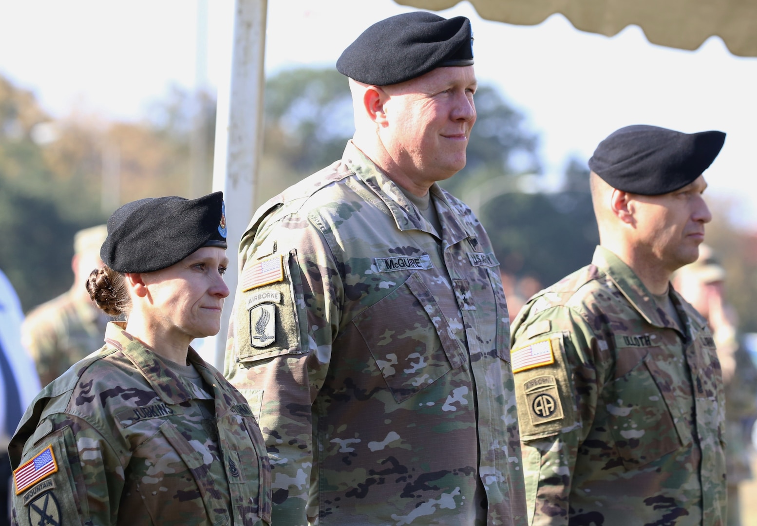 (From left) The outgoing command sergeant major of U.S. Army Installation Management Command, Command Sgt. Maj. Melissa Judkins; IMCOM’s Acting Commanding General, Maj. Gen. Timothy McGuire; and IMCOM’s new Command Sgt. Maj. Joe Ulloth during the change-of-responsibility ceremony at Joint Base San Antonio-Fort Sam Houston Nov. 19.