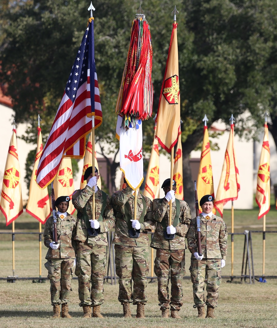 The ceremonial color guard at the U.S. Army Installation Management Command’s change-of-responsibility ceremony were Soldier-athletes in the U.S. Army’s World Class Athlete Program. Pictured (from left) are Spc. Elvin Kibet, Sgt. Michael Rushing, Sgt. Jesse Cervantes, Sgt. Evans Kirwa and Sgt. Sharon Jacobson.
