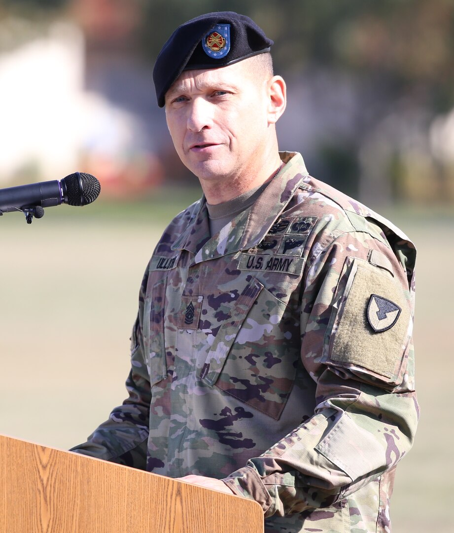 U.S. Army Installation Management Command Sgt. Maj. Joe Ulloth gives his remarks during the change-of-responsibility ceremony at Joint Base San Antonio-Fort Sam Houston Nov. 19.