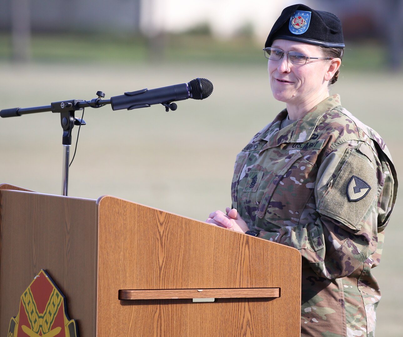 U.S. Army Installation Management Command’s outgoing Command Sgt. Maj. Melissa Judkins gives her remarks at the IMCOM change-of-responsibility ceremony Joint Base San Antonio-Fort Sam Houston Nov. 19.