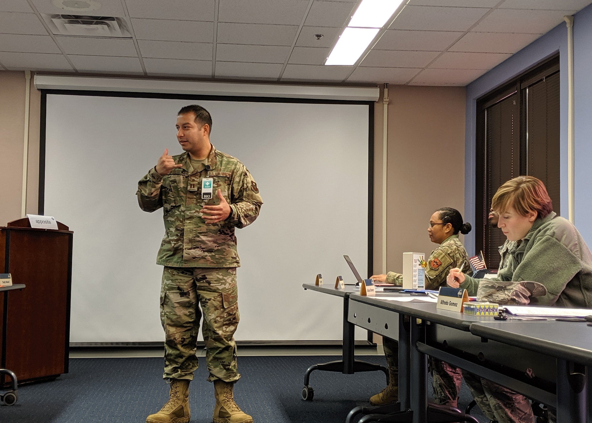 Capt. Eduardo Artiga, the Bioenvironmental Engineering flight commander at the 47th Operational Medical Readiness Squadron at the 47th Medical Group, gives a speech during a Toastmasters meeting on Nov. 13, 2019 at Laughlin Air Force Base, Texas. Laughlin Toastmasters is open to all ranks and civilians who have base access. (U.S. Air Force photo by Senior Airman John A. Crawford)