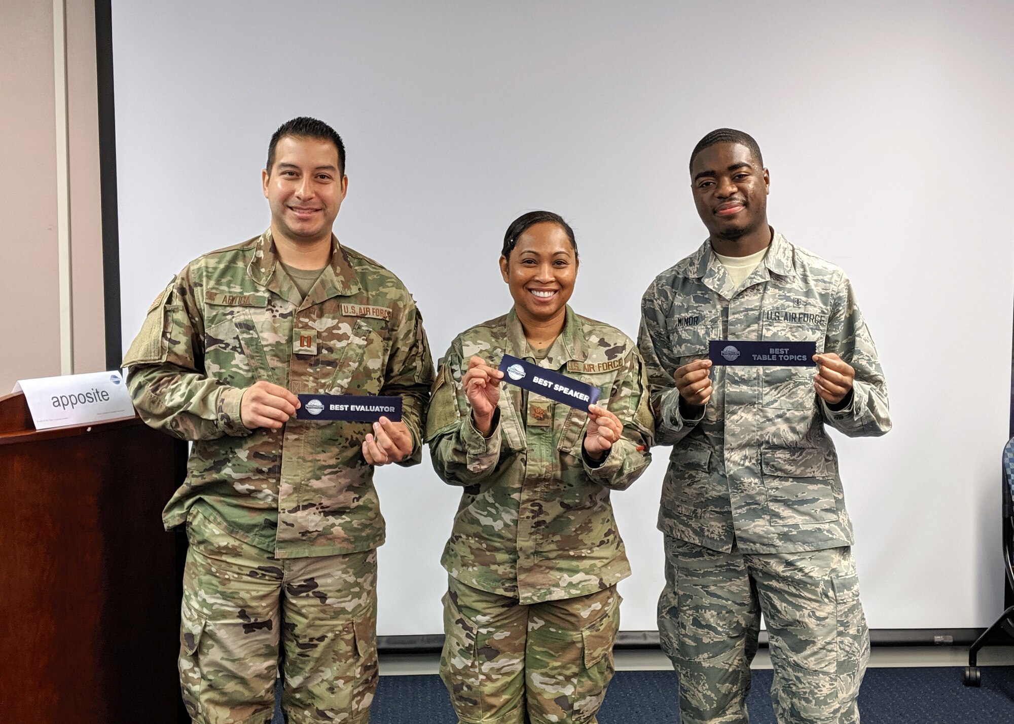 47th Flying Training Wing Airmen pose for a photo after a Toastmasters meeting on Nov. 13, 2019 at Laughlin Air Force Base, Texas. After every meeting members vote on who delivered the best speech and are awarded with a ribbon for their efforts. (U.S. Air Force photo by Senior Airman John A. Crawford)