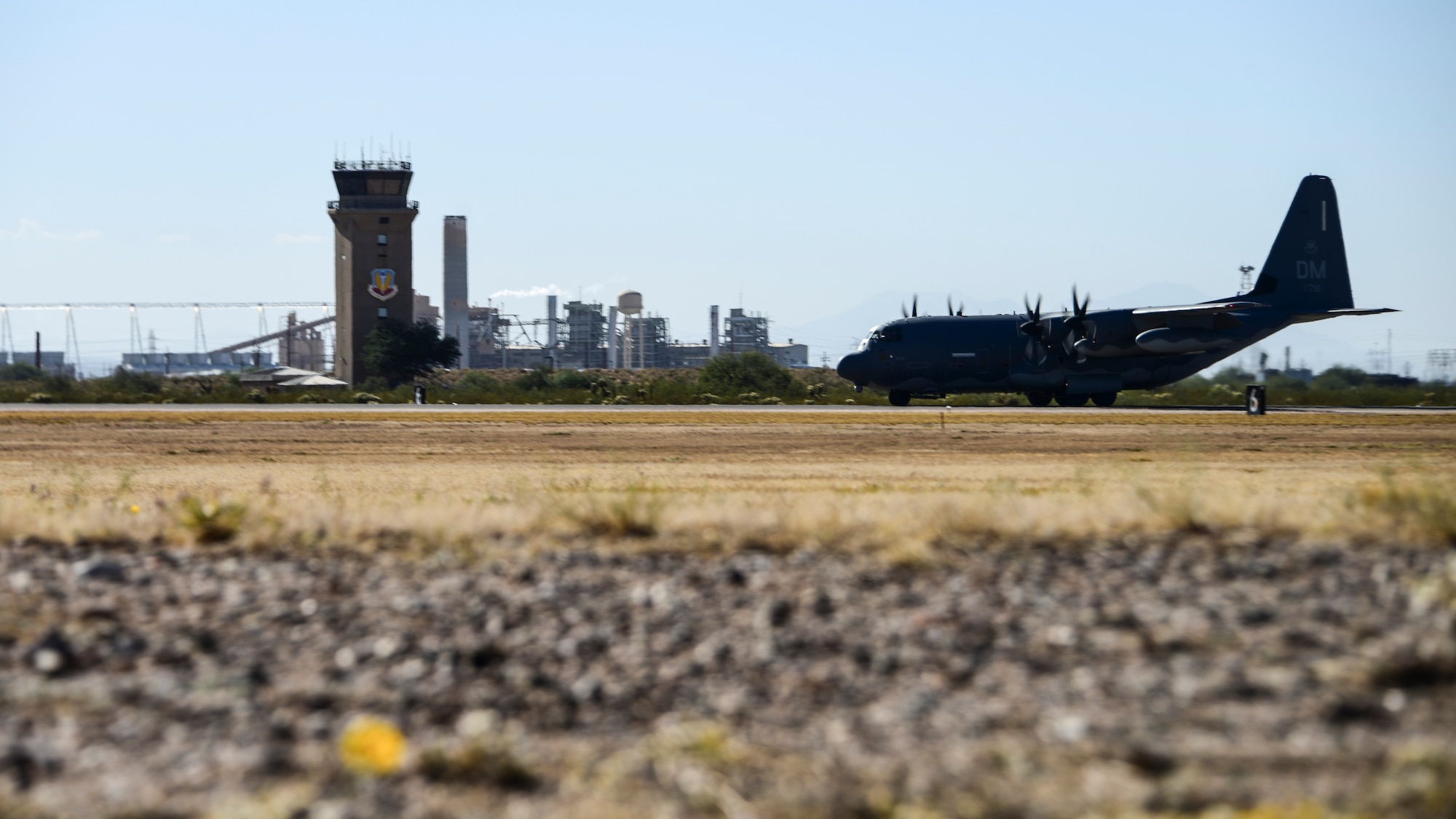 An HC-130J Combat King 2 aircraft taxis on a runway at Davis-Monthan.