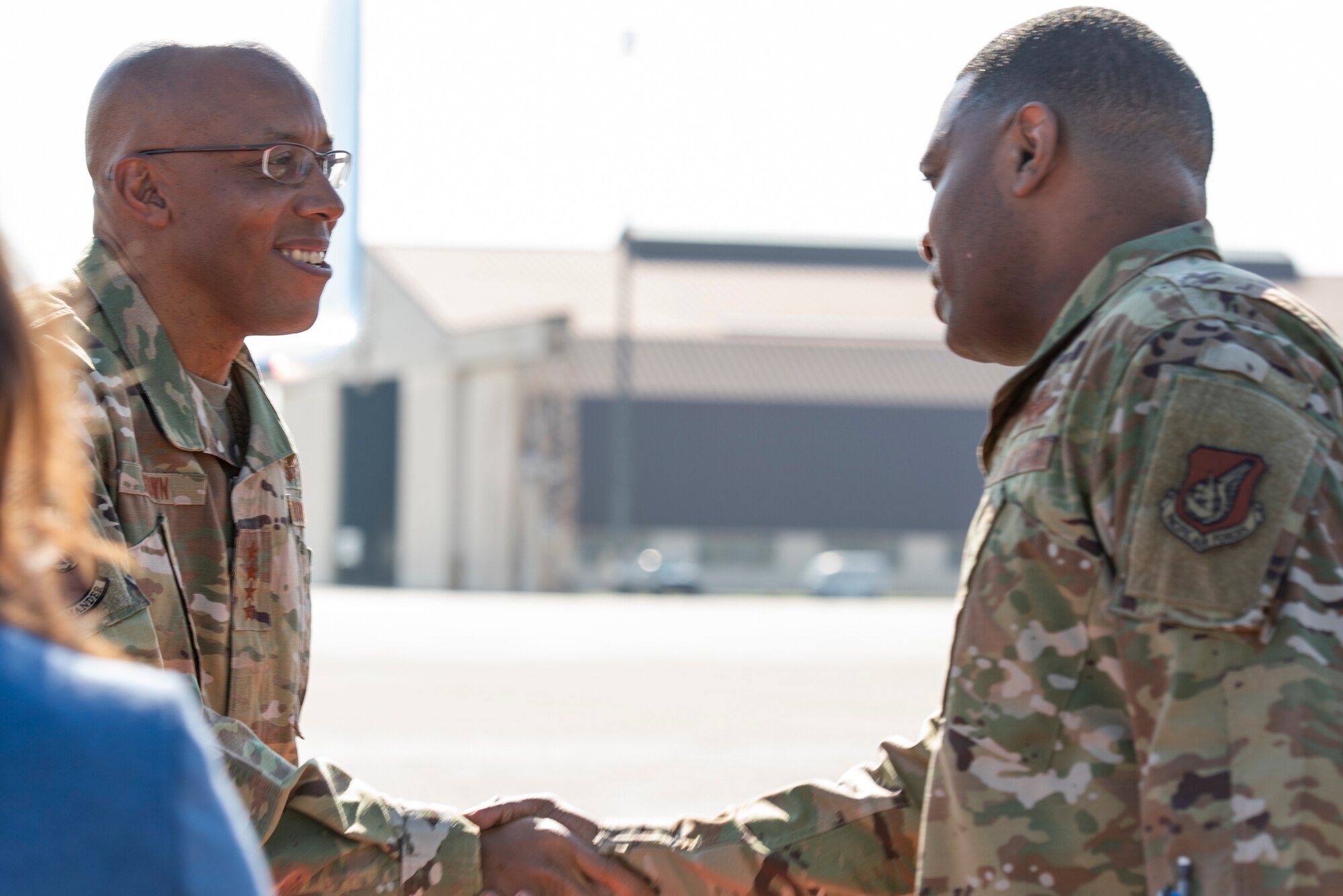Gen. CQ Brown, Jr., Pacific Air Forces commander, greets Col. Otis C. Jones, 374th Airlift Wing commander, prior to departing, Nov. 14, 2019, at Yokota Air Base, Japan.