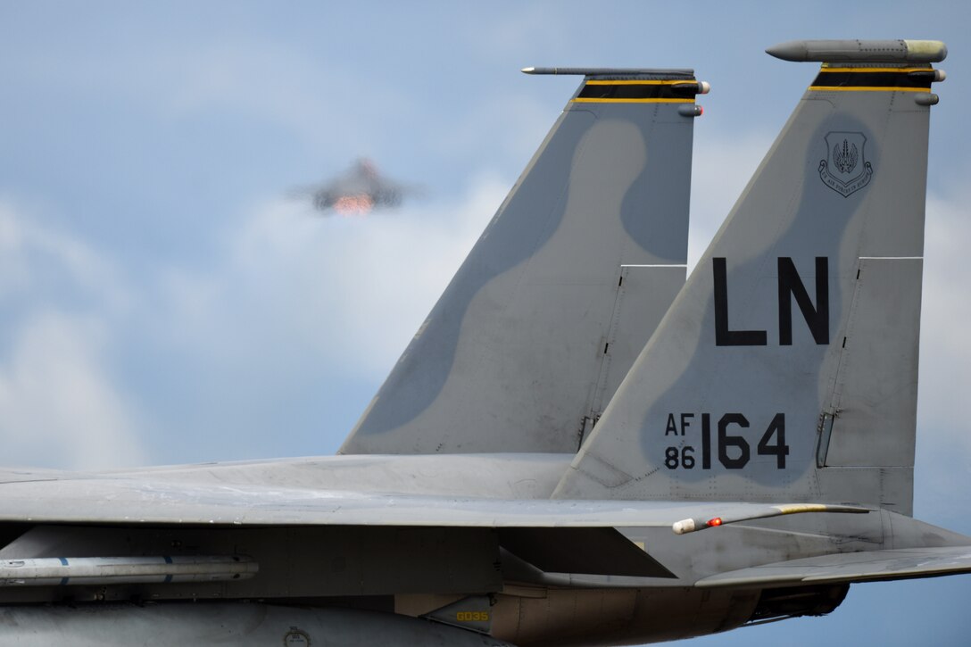 An F-15C Eagle assigned to the 493rd Fighter Squadron taxis on the flightline in support of  exercise Point Blank 19-8 at Royal Air Force Lakenheath, England, Nov. 14, 2019. Participation in bilateral exercises enhances professional relationships and improves overall coordination with allies and partner militaries.(U.S. Air Force photo by Airman 1st Class Madeline Herzog)