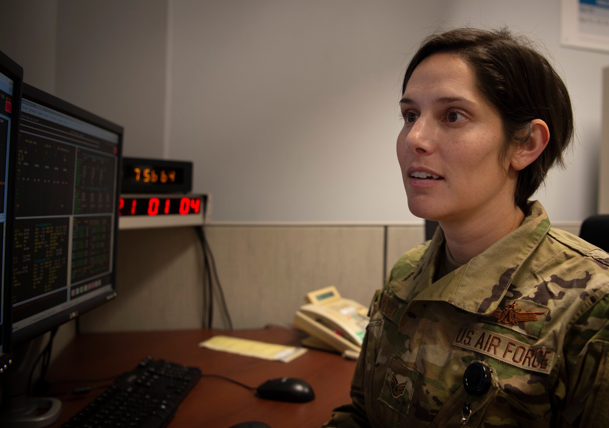 Staff. Sgt. Kesa Wood, 6th Space Operations Squadron trainee, maintains the health of a Defense Meteorological Satellite Program at Schriever Air Force Base, Colorado, Nov. 18, 2019. The DMSP is a satellite constellation that has a low Earth orbit and orbits the Earth’s poles. The satellite constellation provides meteorological and atmospheric data to government and civil agencies. (U.S. Air Force photo by Airman 1st Class Jonathan Whitely)