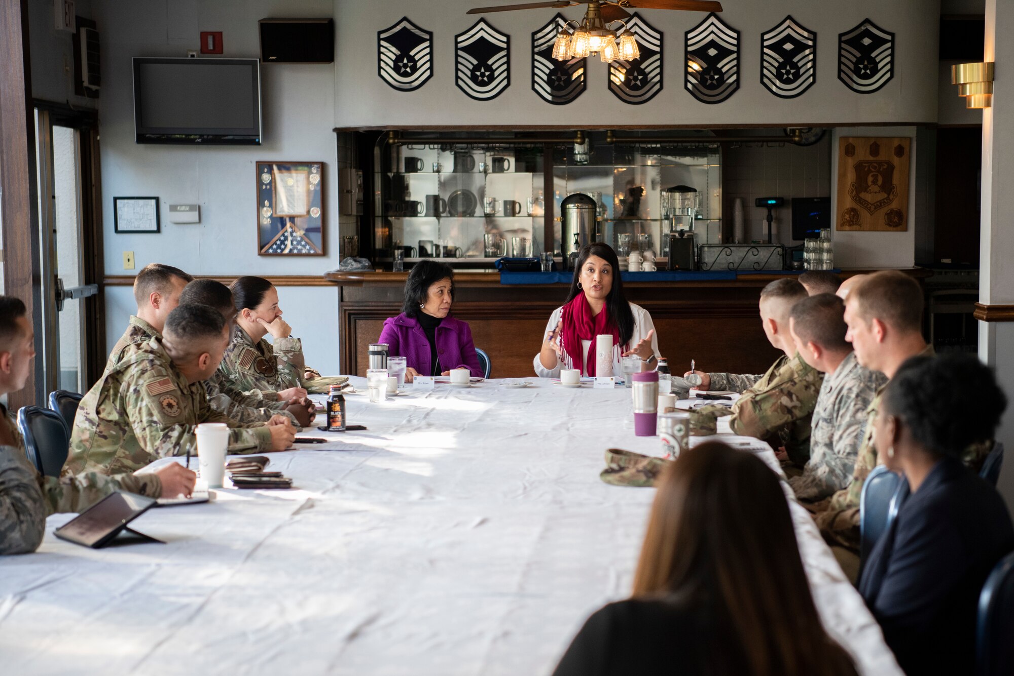 Sharene Brown, spouse of Gen. CQ Brown, Jr., Pacific Air Forces commander, and Stephanie Johnson, spouse of Chief Master Sgt. Anthony Johnson, PACAF command chief, meet with first sergeants on Nov. 14, 2019, at Yokota Air Base, Japan.