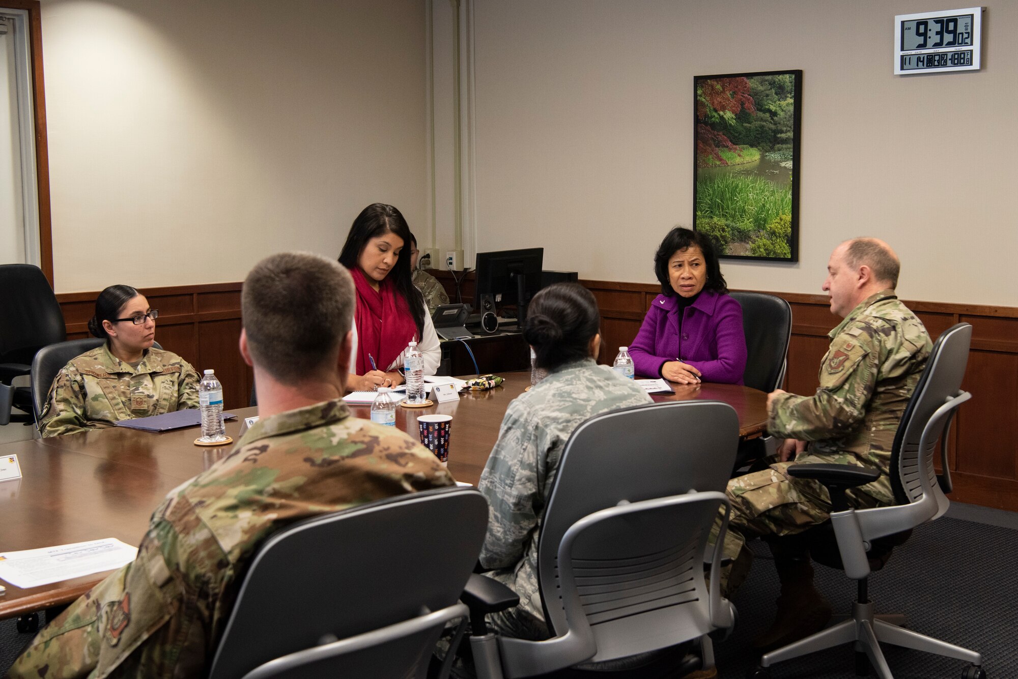 Sharene Brown, spouse of Gen. CQ Brown, Jr., Pacific Air Forces commander, and Stephanie Johnson, spouse of Chief Master Sgt. Anthony Johnson, PACAF command chief, meet with 374th Medical group members on Nov. 14, 2019, at Yokota Air Base, Japan.