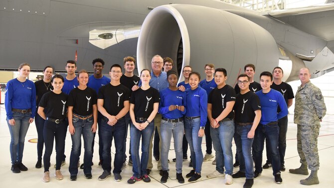 (Far right) Tech. Sgt. Travis Hallinger, 931st Air Refueling Wing Development and Training Flight chief, poses with members of the D&TF in front of a KC-46A Pegasus during a Unit Training Assembly, Feb. 2, 2019.  The D&TF, which was founded at McConnell more than seven years ago, is a Reserve program which helps prepare future Airmen for BMT and assists them with making the transition from civilian to military life