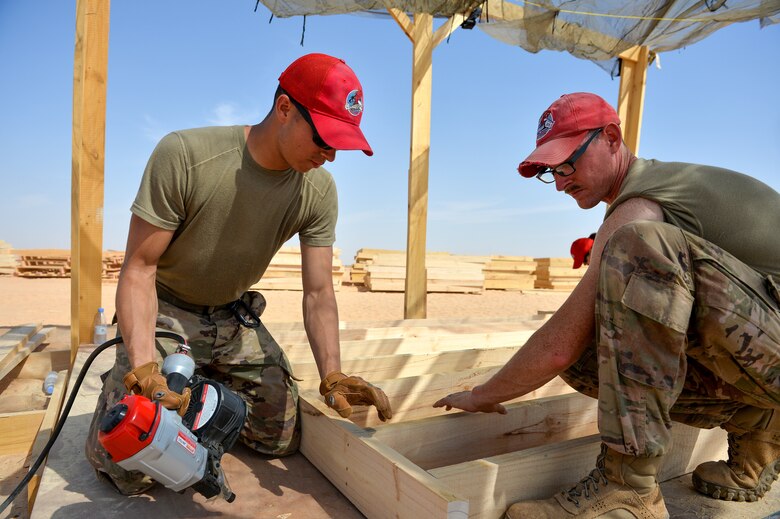 U.S. Air Force Airmen with the 1st Expeditionary Civil Engineering Group, build floor structures for tents at Prince Sultan Air Base (PSAB), Kingdom of Saudi Arabia (KSA), October 16, 2019.