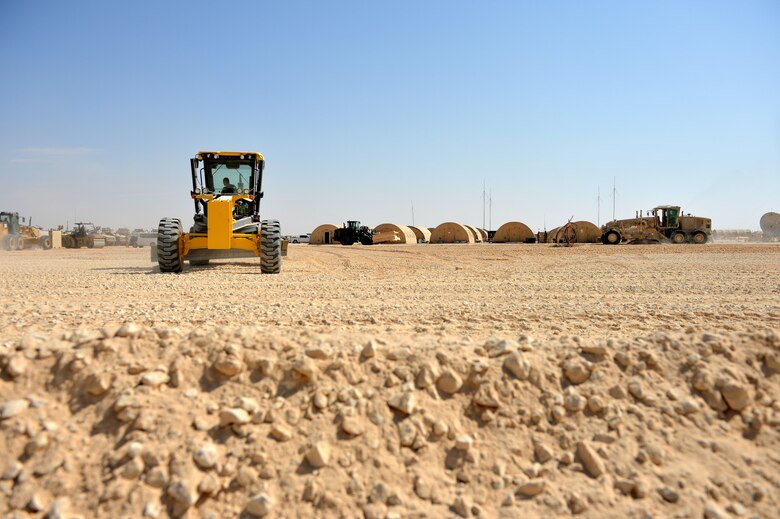 U.S. Air Force Airmen with the 1st Expeditionary Civil Engineering Group, level the ground at Prince Sultan Air Base (PSAB), Kingdom of Saudi Arabia (KSA), October 16, 2019.