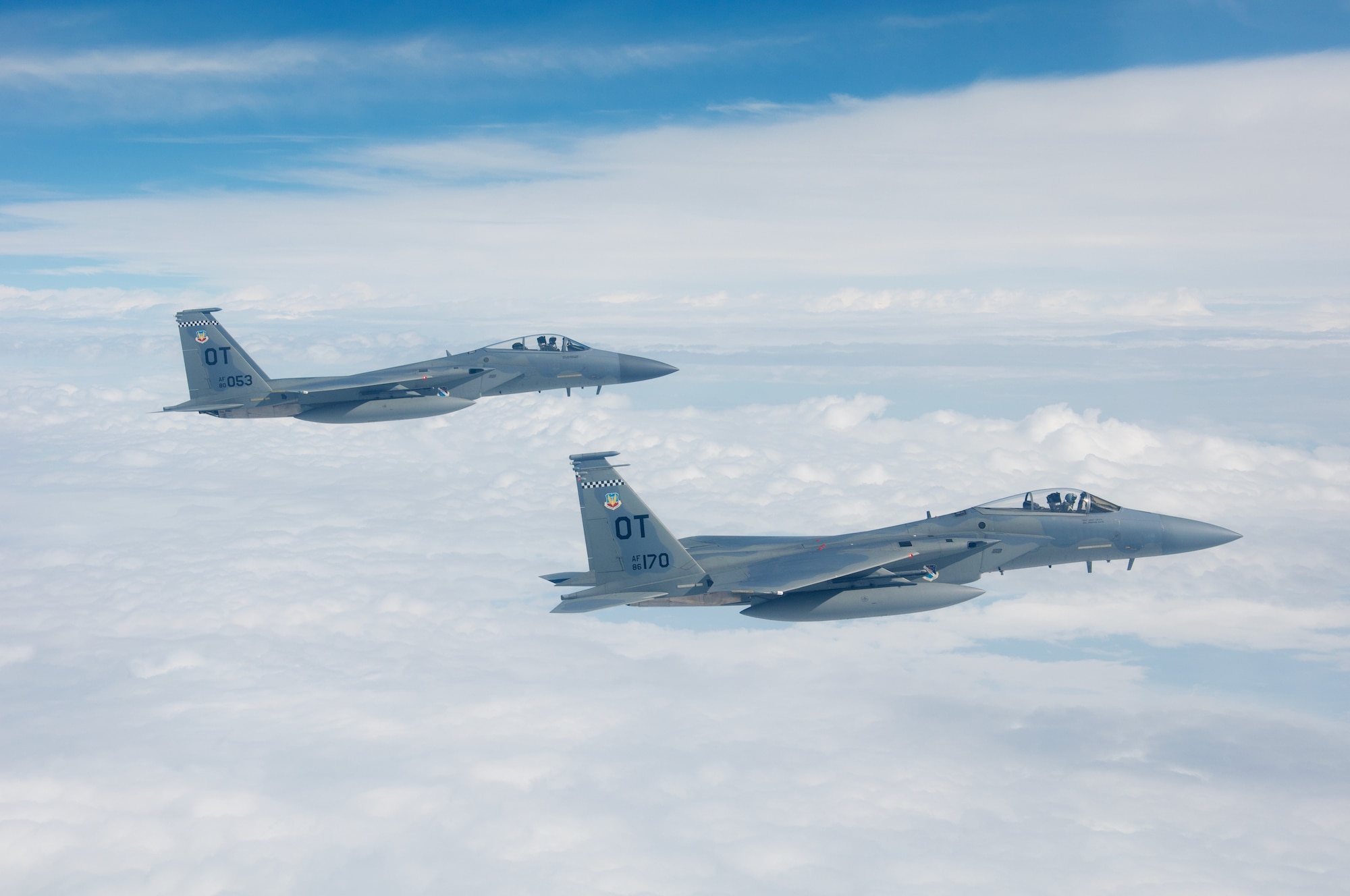 U.S. Air Force F-15C Pilots, Capt. Aaron Eshkenazi and Maj. Jonah Brown from the 85th Test and Evaluation Squadron, Eglin AFB, Fla. fly in preparation for a flyover the Miami Dolphins' stadium on November 17, 2019.