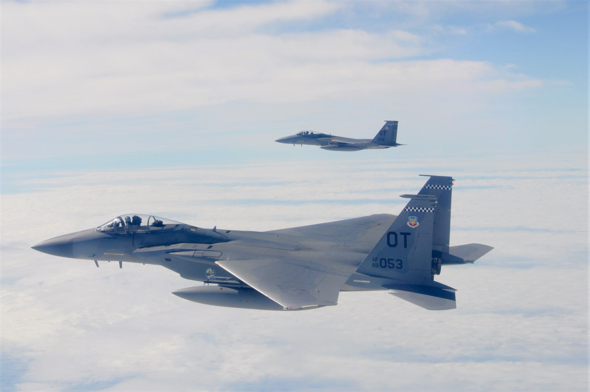 U.S. Air Force F-15C Pilots, Capt. Aaron Eshkenazi and Maj. Jonah Brown from the 85th Test and Evaluation Squadron, Eglin AFB, Fla. prepare to fly over the Miami Dolphins' stadium on November 17, 2019.