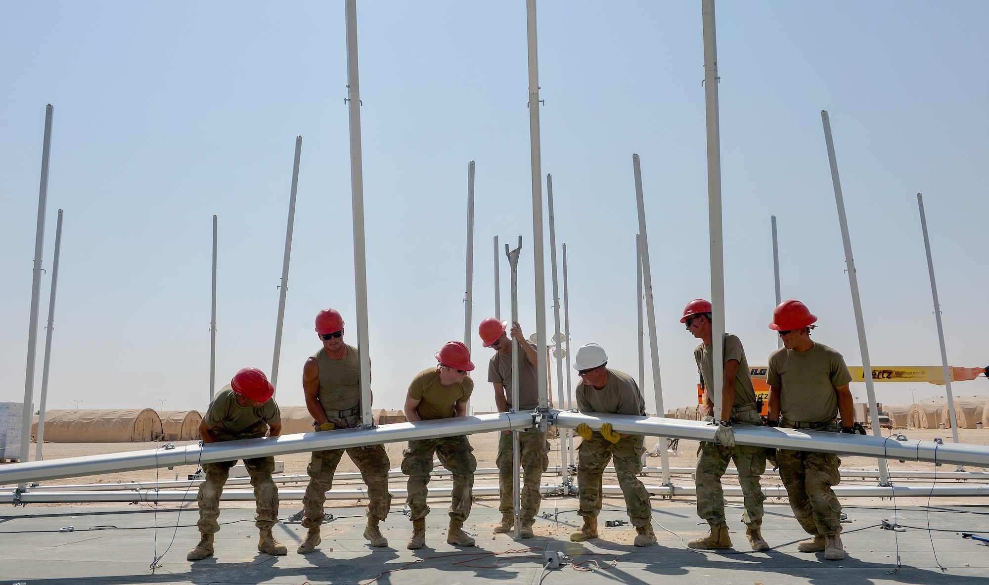 U.S. Air Force Airmen with the 378th Expeditionary Civil Engineering Squadron, build a 6,500 square foot structural dome October 18, 2019, at Prince Sultan Air Base (PSAB), Kingdom of Saudi Arabia (KSA).