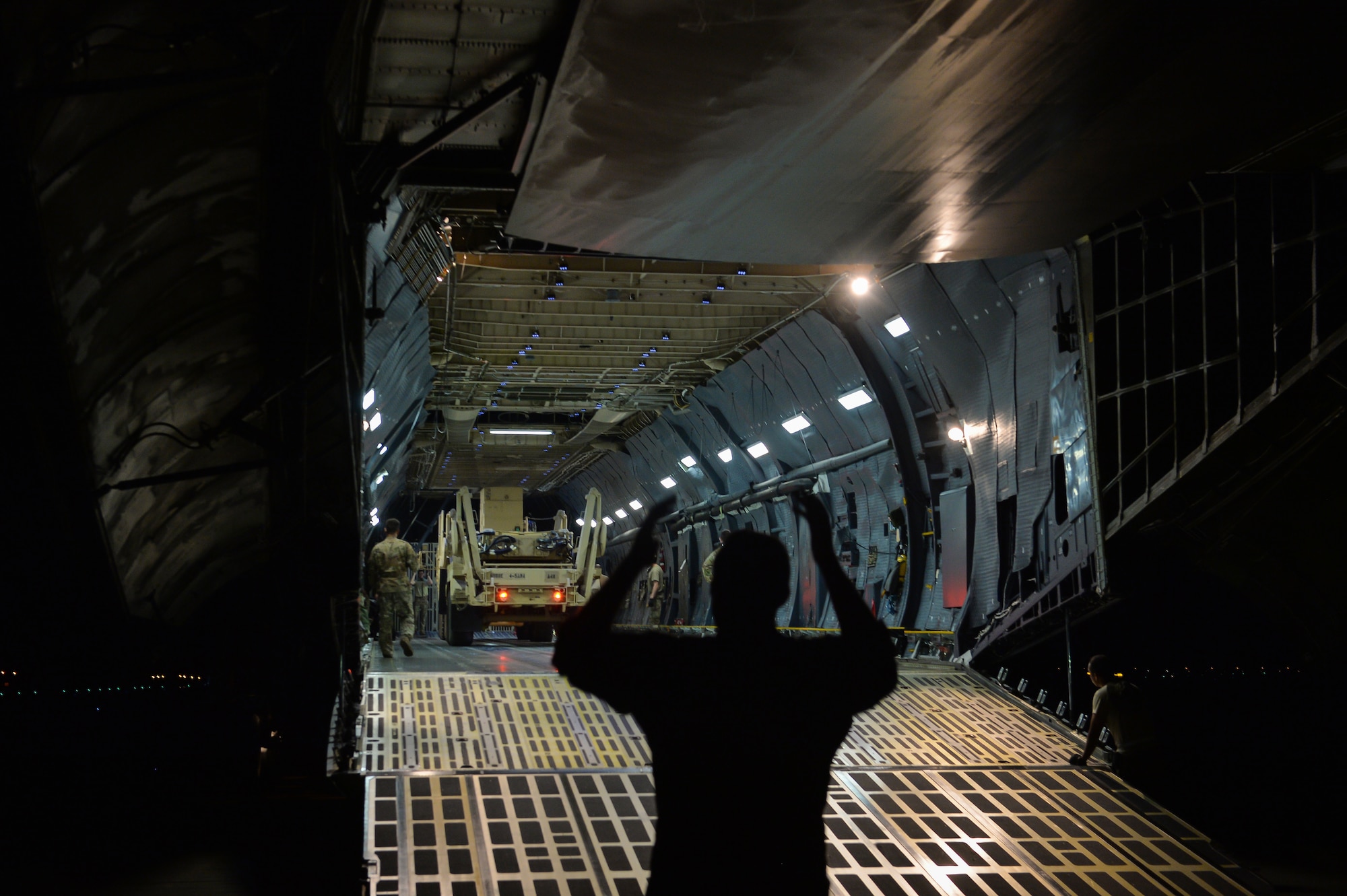 U.S. Army Soldiers with the 4-5  Air Defense Artillery Battalion, unload a patriot launching   station from a C-5 Galaxy at Prince Sultan Air Base (PSAB), Kingdom of Saudi Arabia (KSA), October 23, 2109.