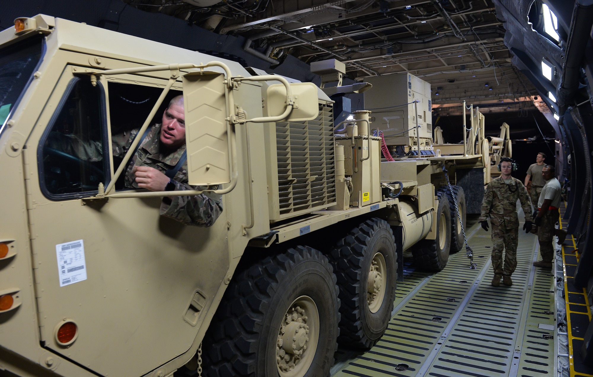 U.S. Army Soldiers with the 4-5  Air Defense Artillery Battalion, unload a patriot launching   station from a C-5 Galaxy at Prince Sultan Air Base (PSAB), Kingdom of Saudi Arabia (KSA), October 23, 2109.