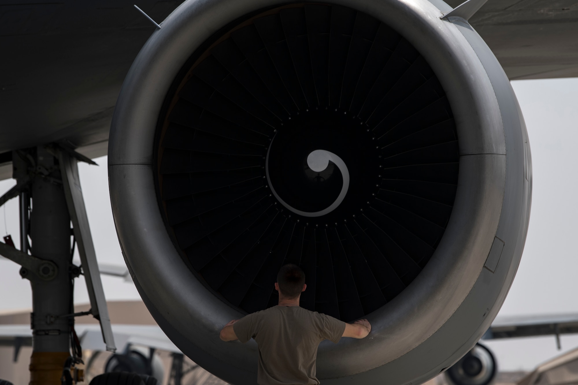 A United States Air Force Airman assigned to the 908th Expeditionary Air Refueling Squadron conducts preflight inspections, Nov. 1, 2019, at Al Dhara Air Base in United Arab Emirates.
