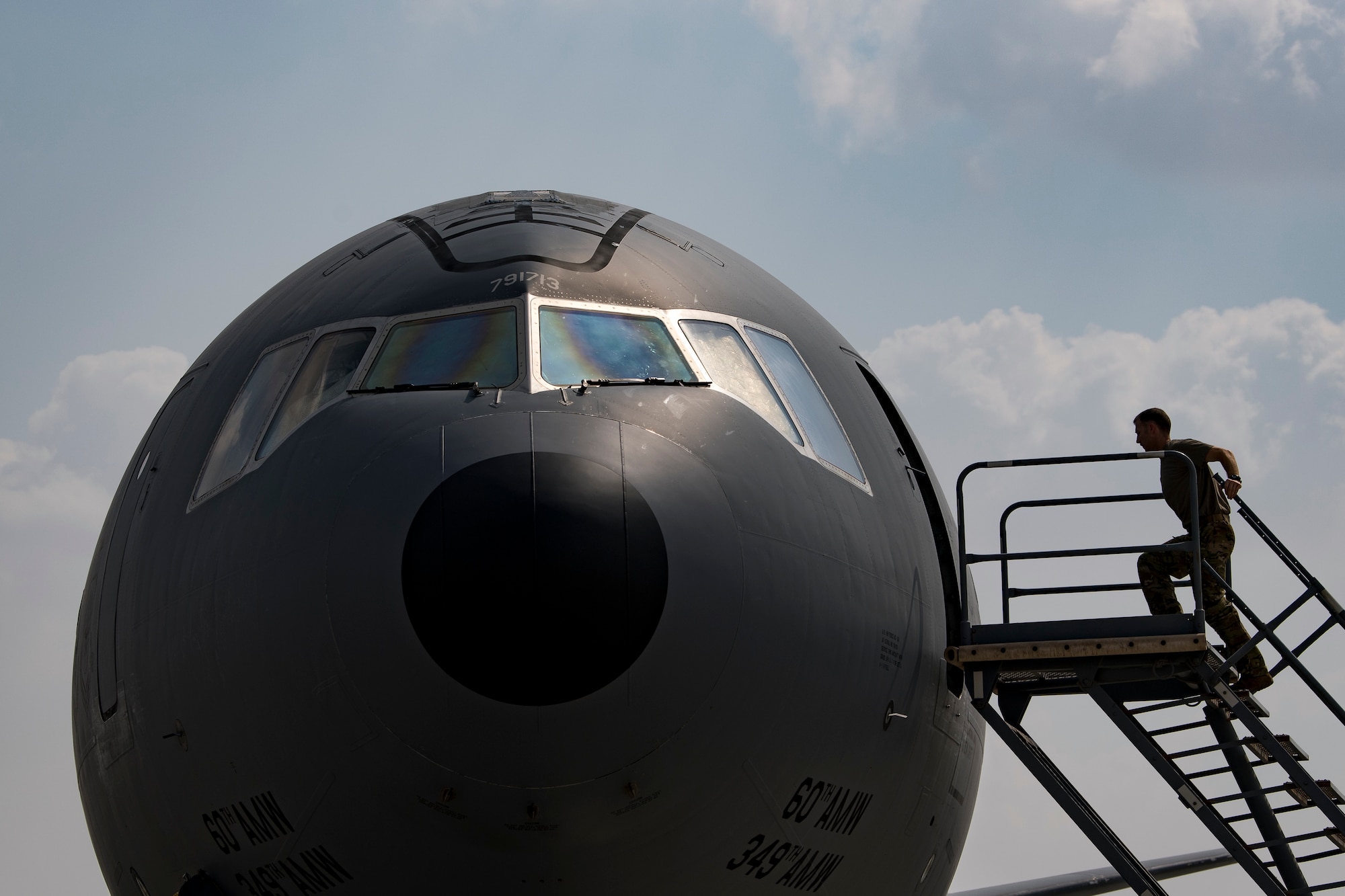 A United States Air Force Airman assigned to the 908th Expeditionary Air Refueling Squadron conducts preflight inspections, Nov. 1, 2019, at Al Dhara Air Base in United Arab Emirates.