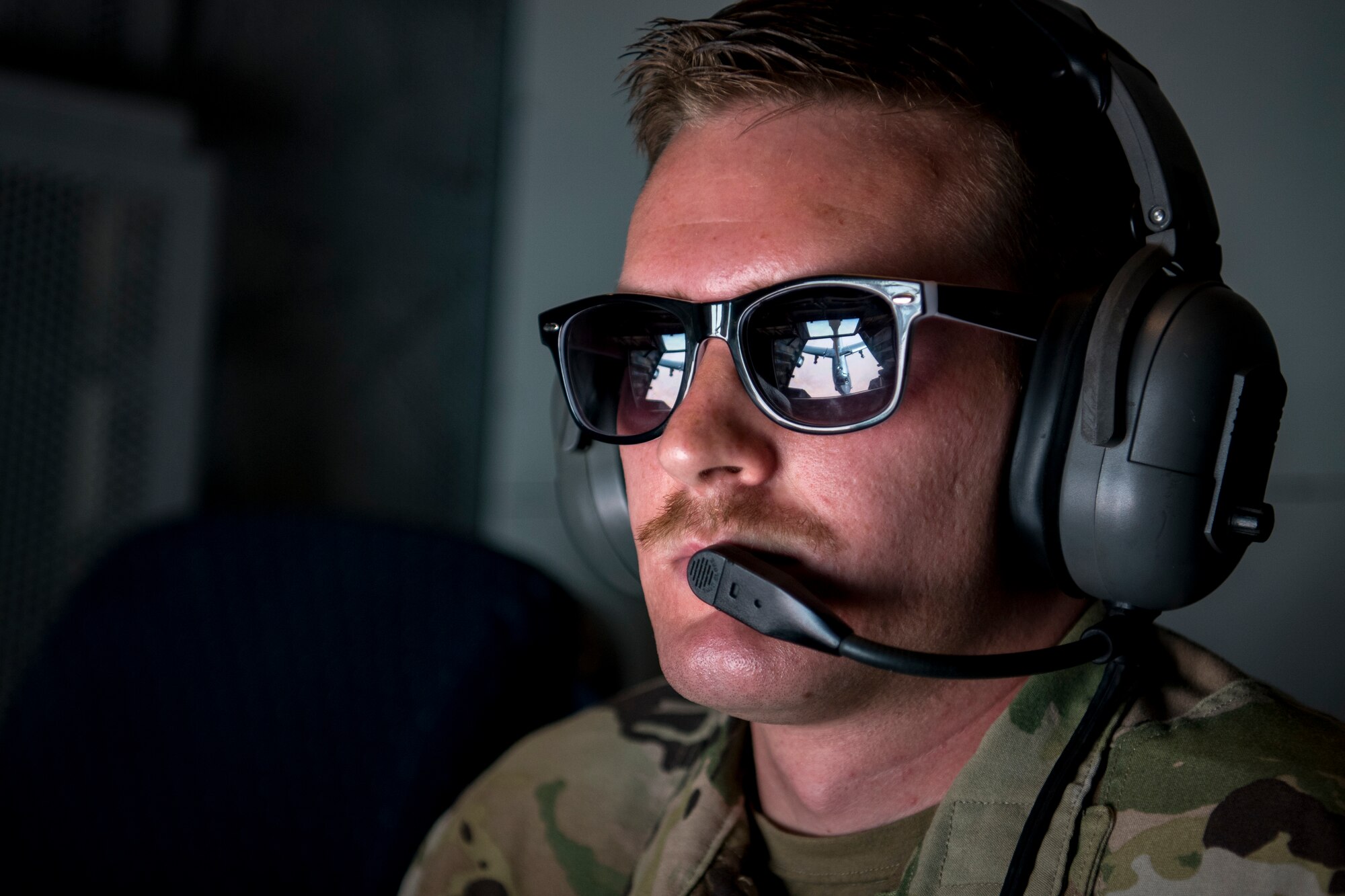 A United States Air Force 908th Expeditionary Air Refueling Squadron KC-10 Extender Boom Operator refuels a U.S. B-52H Stratofortress over Prince Sultan Air Base, Saudi Arabia, Nov. 1, 2019.