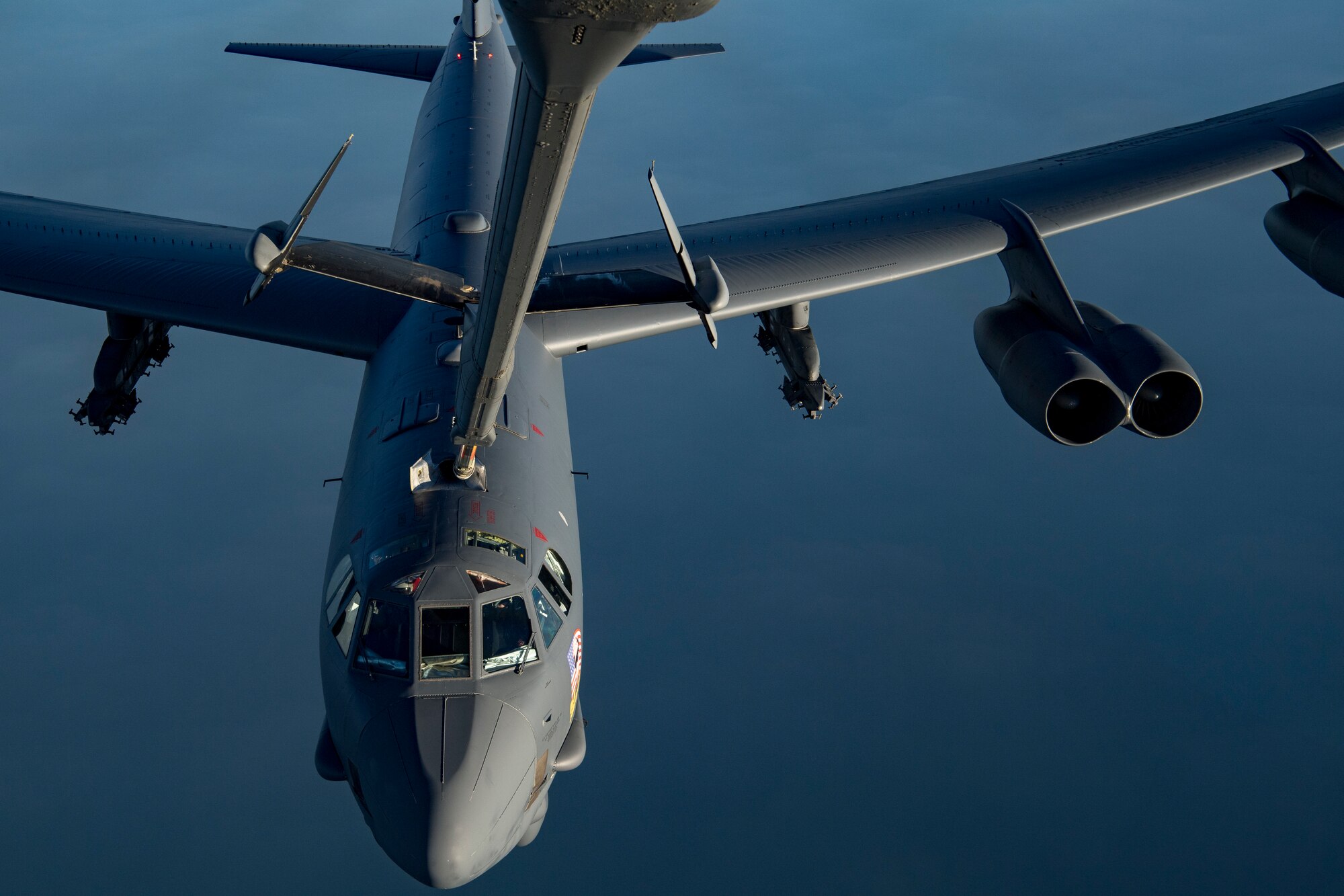 A United States Air Force B-52H Stratofortress receives fuel via aerial refueling from a KC-10 Extender above the Arabian Gulf, Nov. 1, 2019. The B-52H, deployed from Barksdale Air Force Base, La., is part of a Bomber Task Force operating out of RAF Fairford, England.