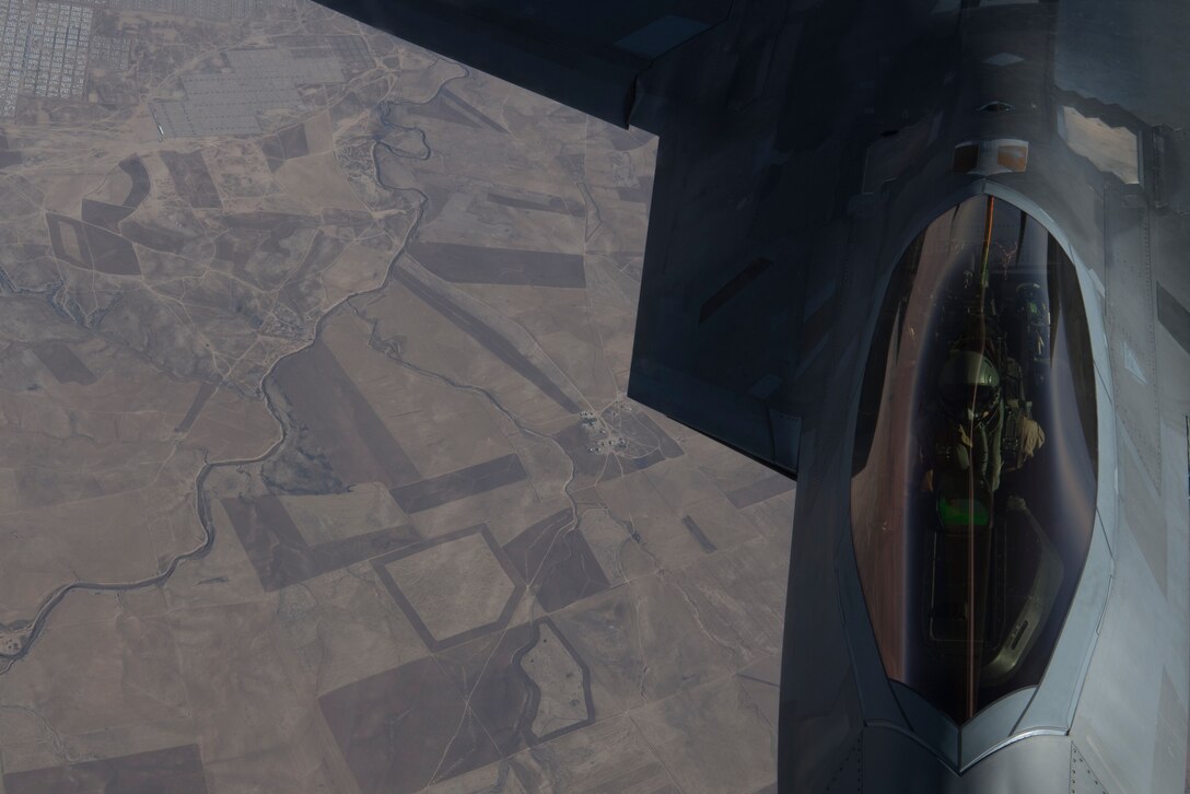 A U.S. Air Force KC-135 Stratotanker refuels A U.S. Air Force F-22 Raptor over northern Iraq, Nov. 6, 2019.