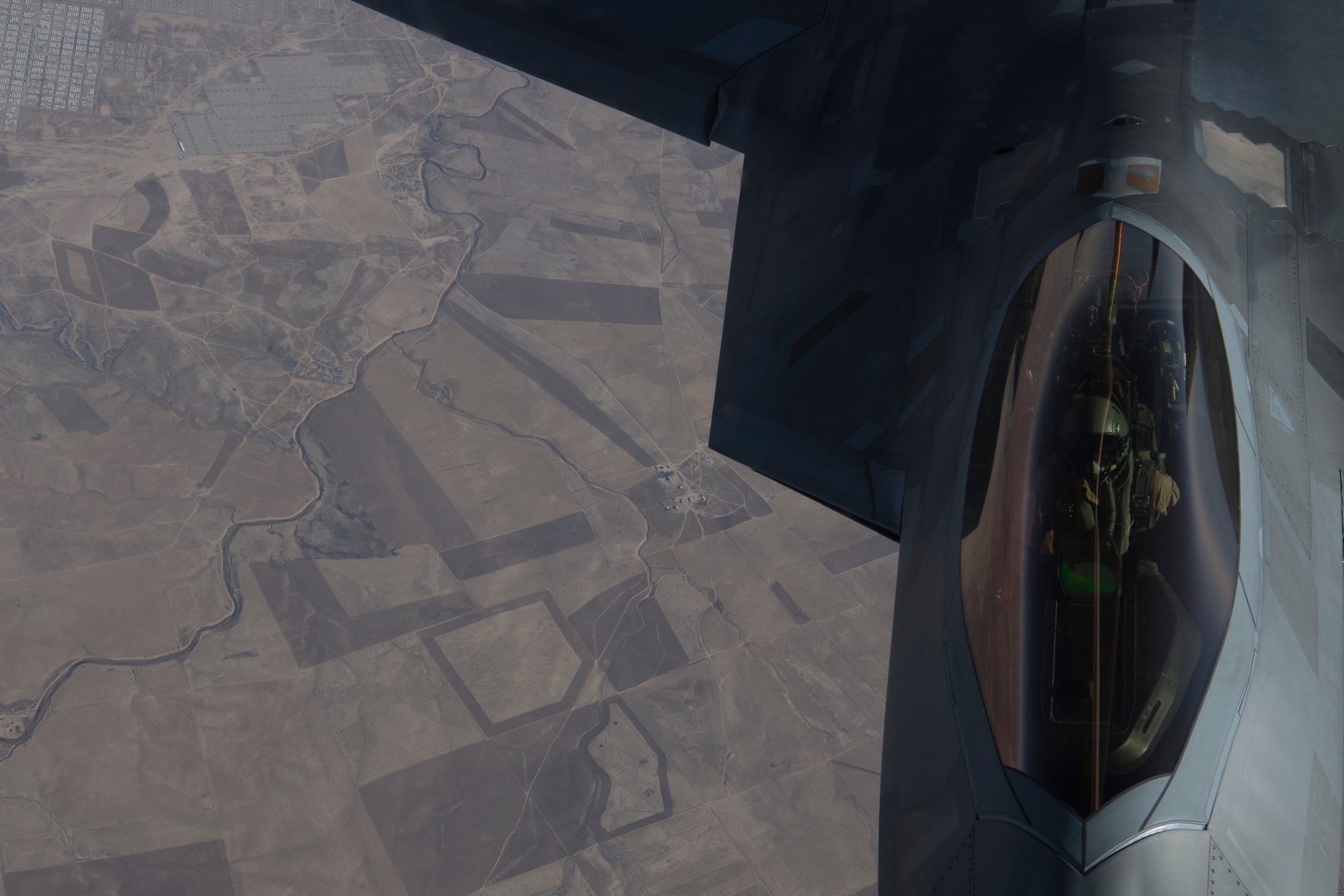 A U.S. Air Force KC-135 Stratotanker refuels A U.S. Air Force F-22 Raptor over northern Iraq, Nov. 6, 2019.