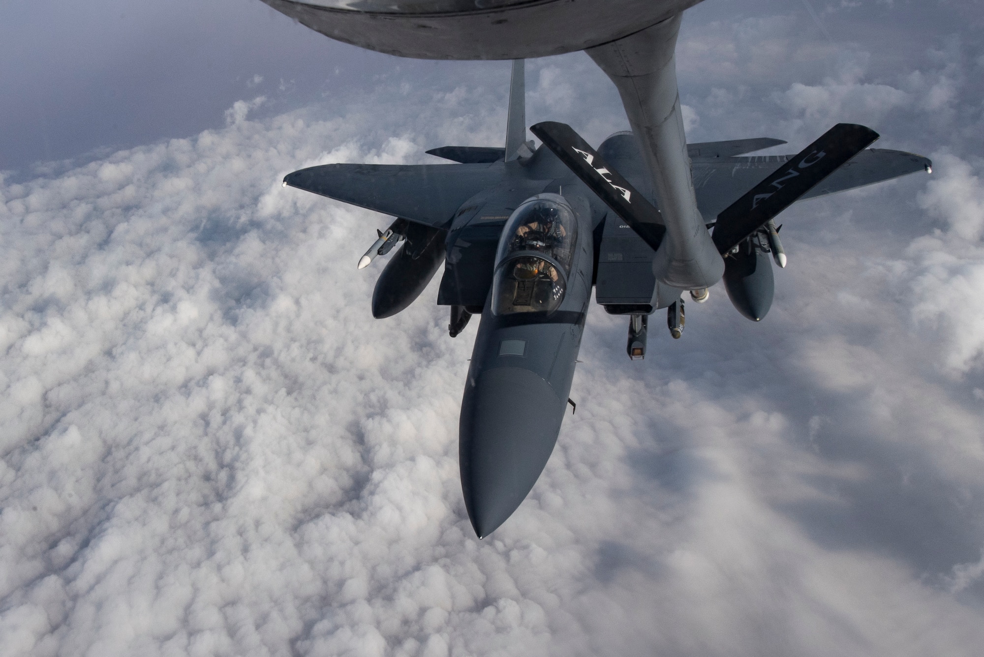 A U.S. Air Force KC-135 Stratotanker refuels A U.S. Air Force F-15 Strike Eagle over northern Iraq, Nov. 6, 2019.