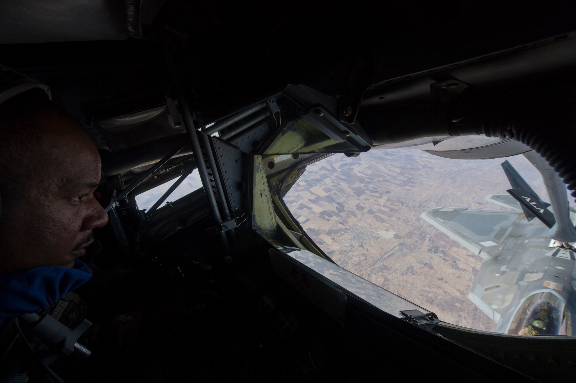 A U.S. Air Force KC-135 Stratotanker refuels A U.S. Air Force F-22 Raptor over northern Iraq, Nov. 6, 2019.