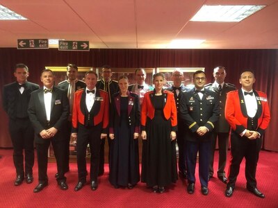 Capt. Nima Sarrafan, front row, second from right, stands with his class peers for a photo before a formal dinner as part of training at the United Kingdom Intermediate Command and Staff College in Shrivenham, England, in October 2019.