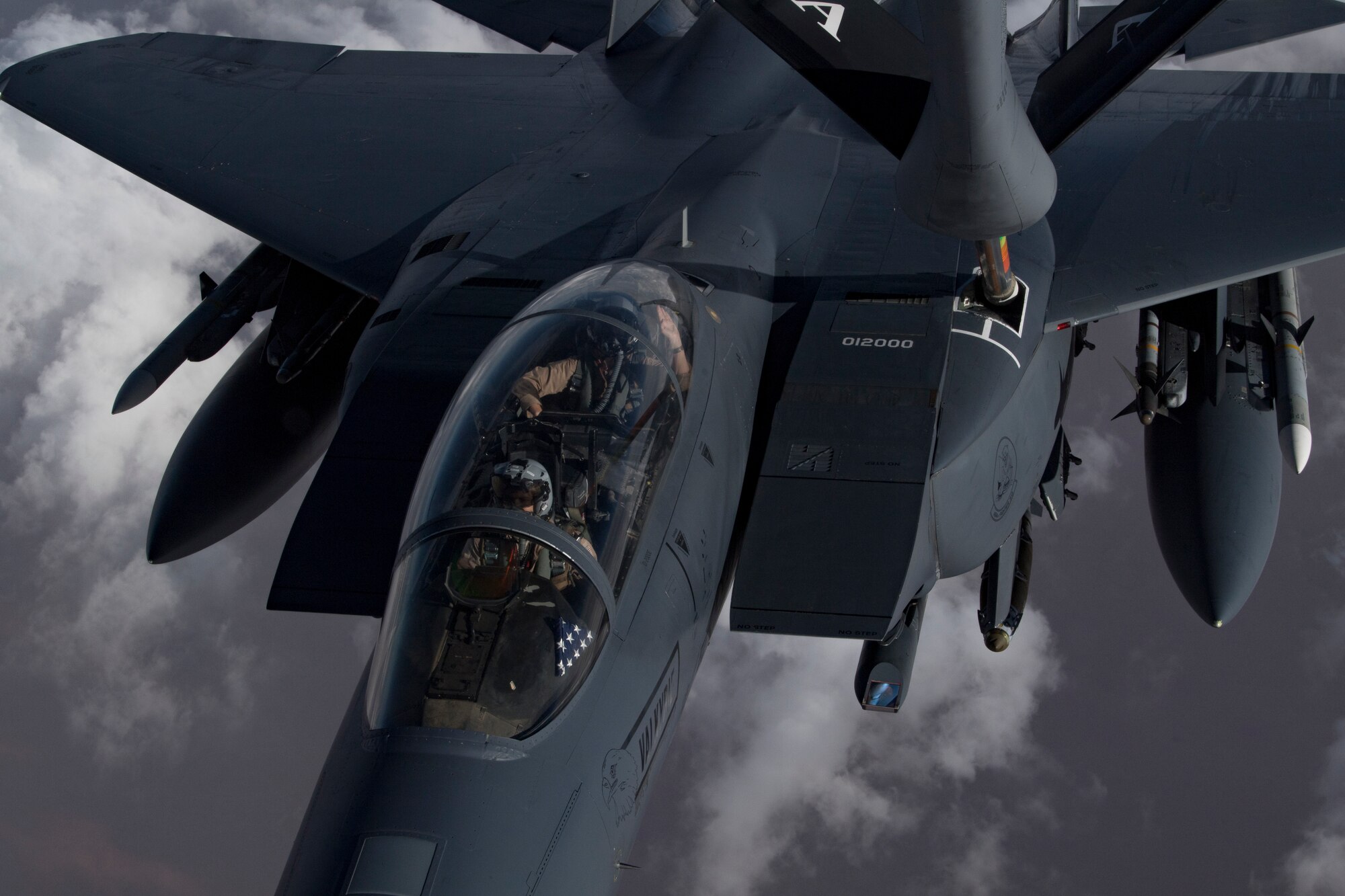 A U.S. Air Force KC-135 Stratotanker refuels A U.S. Air Force F-15 Strike Eagle over northern Iraq, Nov. 6, 2019.