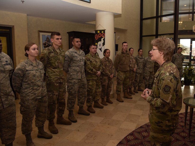 Airmen from units across Joint Base McGuire-Dix-Lakehurst, N.J., were recognized and coined by Gen. Maryanne Miller, Air Mobility Command commander, for their efforts in hosting the AMC civic leader immersion tour at Joint Base MDL, Nov. 7, 2019. AMC civic leaders experienced the mobility Airman’s lifestyle by direct interaction with Airmen, briefs on different mission sets, observing training and wearing deployment gear. (U.S. Air Force photo by Airman 1st Class Briana Cespedes)