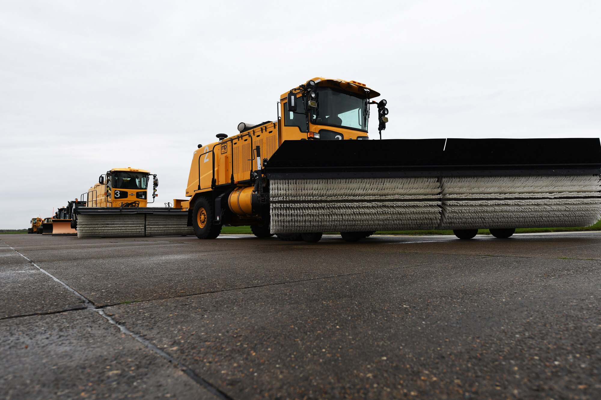 Snow and ice removal equipment assigned to the 48th Civil Engineer Squadron is displayed at Royal Air Force Lakenheath, England, Nov. 15, 2019. The 48th CES operates a fleet of 12 variations of multi-purpose snow plow machines to support the installation during inclement weather. (U.S. Air Force photo by Senior Airman Shanice Williams-Jones)