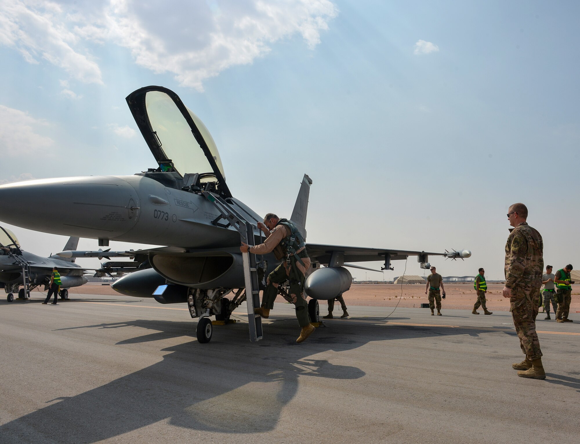 U.S. Air Force Lt. Gen. Joesph Guastella, U.S. Air Forces Central Command commander, departs departs an F-16 Fighting Falcon assigned to the 555th Fighter Squadron at Prince Sultan Air Base, Kingdom of Saudi Arabia, Nov. 11, 2019.