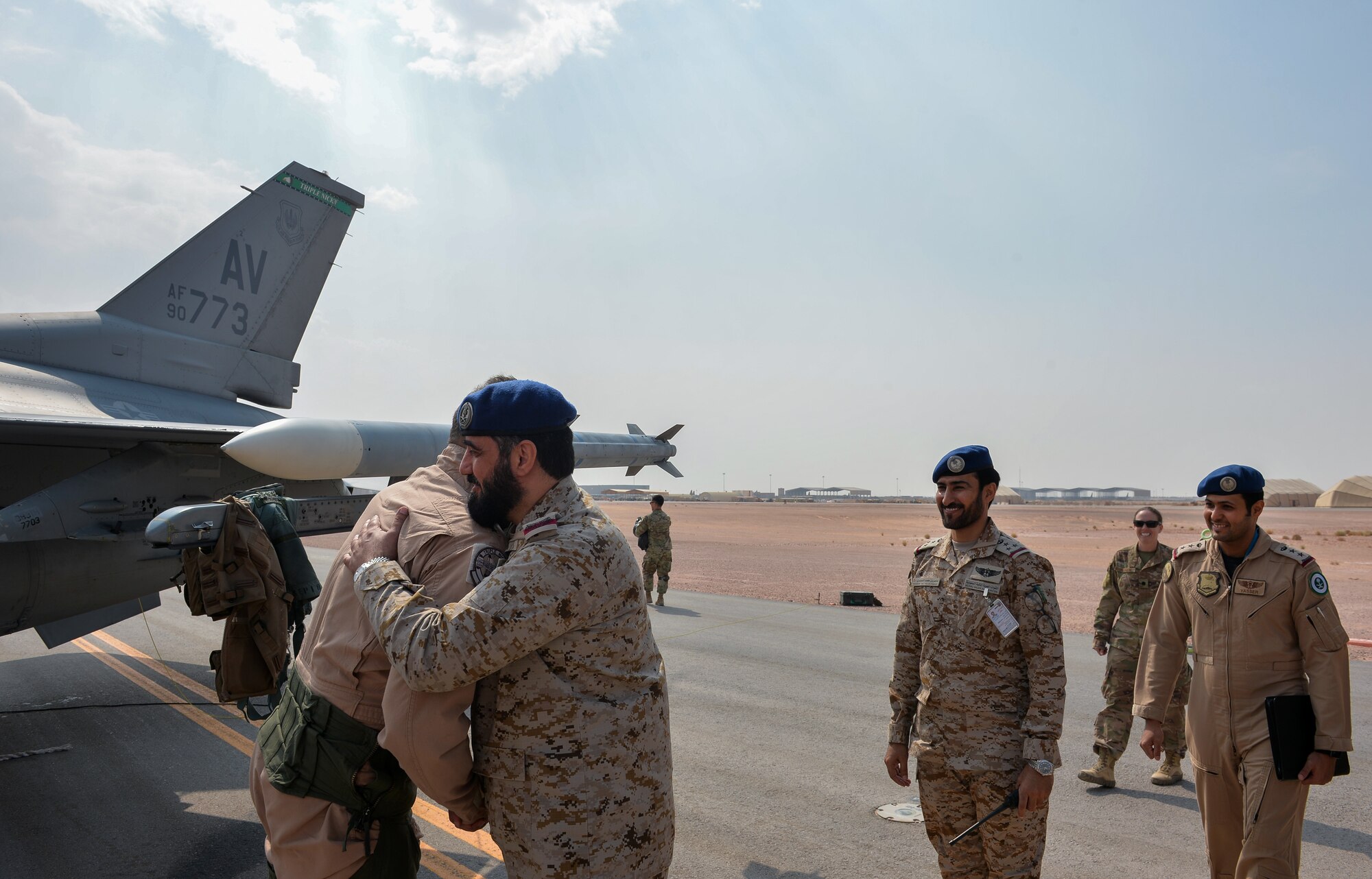 U.S. Air Force Lt. Gen. Joesph Guastella, left, U.S. Air Forces Central Command commander, greets Saudi Arabian Major General Khaled Al-Shablan, right, at Prince Sultan Air Base, Kingdom of Saudi Arabia, Nov. 11, 2019.