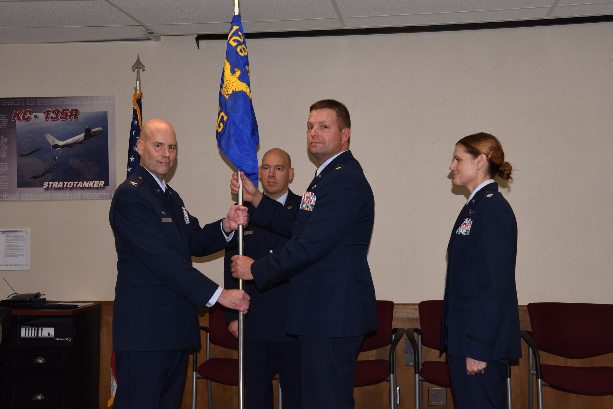 Lieutenant Col. Thomas Mielcarek relinquishes command of the 128th Communications Flight during a change of command ceremony October 6, 2019, at the 128th Air Refueling Wing, Wisc. Mielcarek served as Commander for more than twelve years and led the 128 CF through significant operational changes over his tenure.