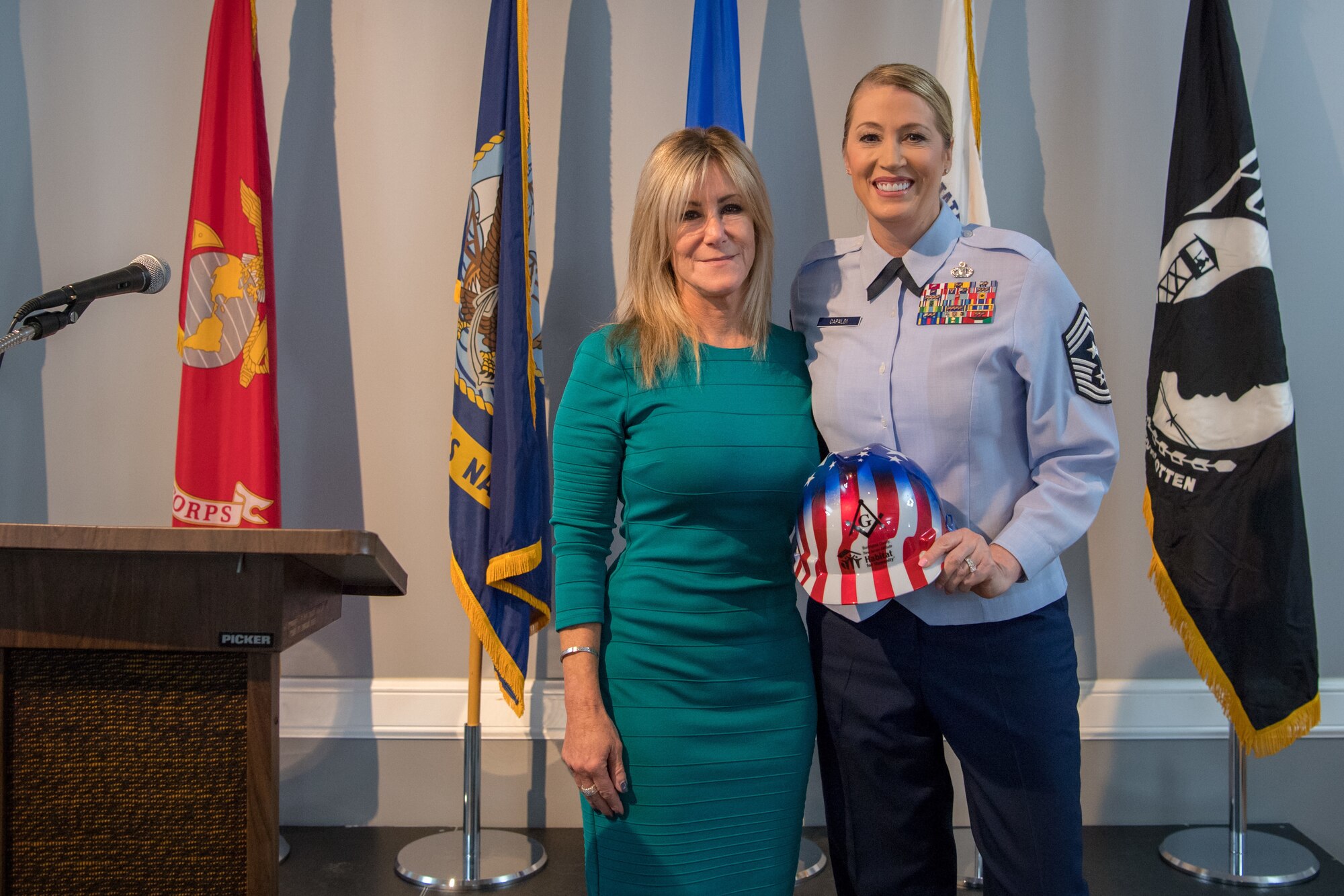 Chief Master Sgt. Dana L. Capaldi 514th Air Mobility Wing command chief attends Take a Veteran to Lunch as the keynote speaker at the Burlington Masonic Lodge #32, Nov. 16, 2019. Proceeds from the event will benefit Habitat for Humanity’s Veterans Build Program. The Veterans Build Program seeks to serve military families by providing affordable housing solutions, home repairs, and volunteer and employment opportunities for the veteran community. (U.S. Air Force photo by Senior Airman Ruben Rios)