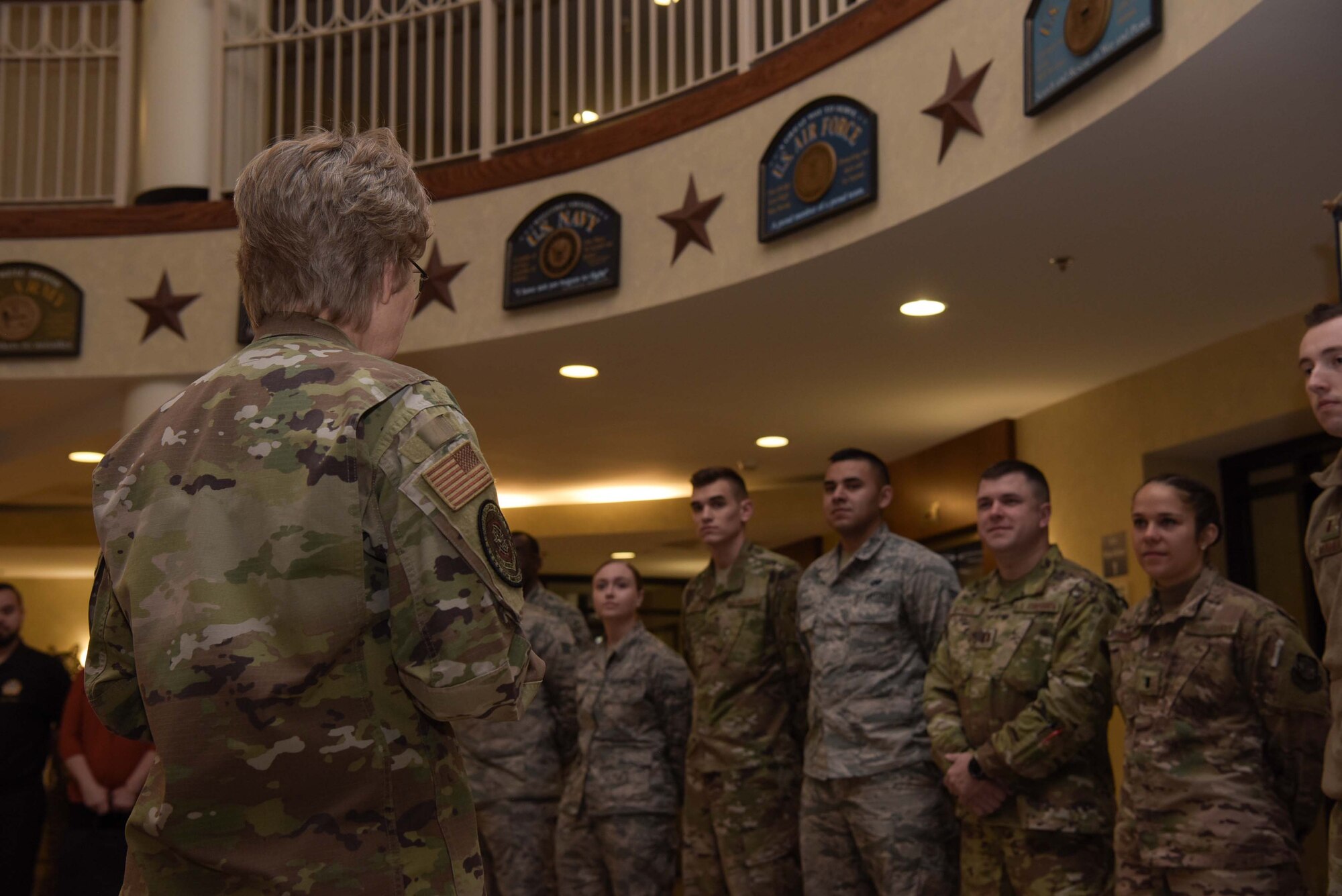 Gen. Maryanne Miller, Air Mobility Command commander, thanks Airmen who assisted throughout the three-day tour for their efforts in helping make the AMC civic leader immersion tour happen at Joint Base McGuire-Dix-Lakehurst, N.J., Nov. 7, 2019. AMC civic leaders learned about the missions across Joint Base MDL and what it takes for a mobility Airman to deploy. (U.S. Air Force photo by Airman 1st Class Briana Cespedes)