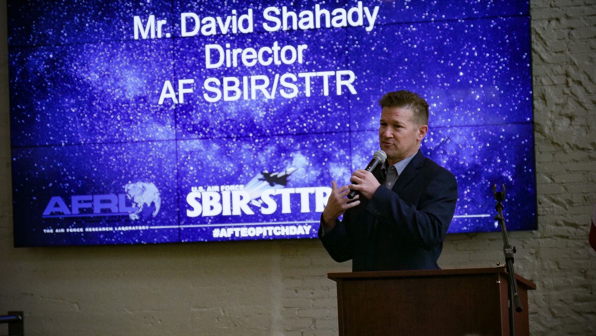 David Shahady, Director, AF SBIR/STTR, delivers opening comments to attendees of the first Air Force Technology Executive Officer Pitch Day Nov. 15 at the Steam Plant and the Wright Brothers Institute in Dayton. (U.S. Air Force photo/Keith Lewis)