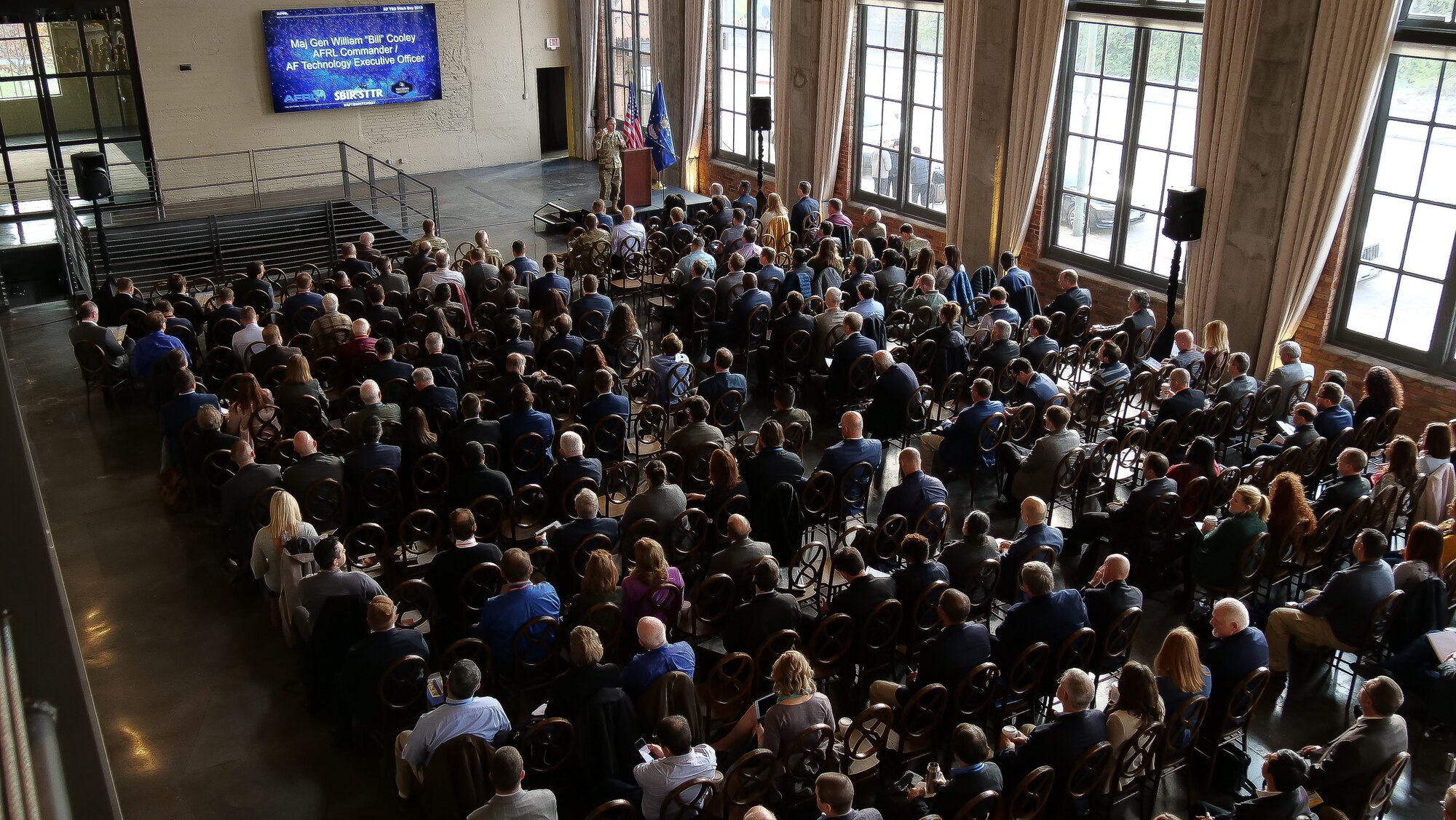 The first Air Force Technology Executive Officer Pitch Day, powered by the Air Force SBIR/STTR program, and presented by the Air Force Research Laboratory and Wright Brothers Institute, was held Nov. 15 at the Steam Plant and the Wright Brothers Institute in Dayton. Fourteen small businesses pitched their technology transition plans to AF leaders and state of the art technology experts, 12 guest speakers highlighted strategies of working with the Air Force; four sponsorships supported the effort, and over 300 Air Force subject matter experts, industry and academia partners, and small businesses attended and networked throughout the event. (U.S. Air Force photo/Keith Lewis)