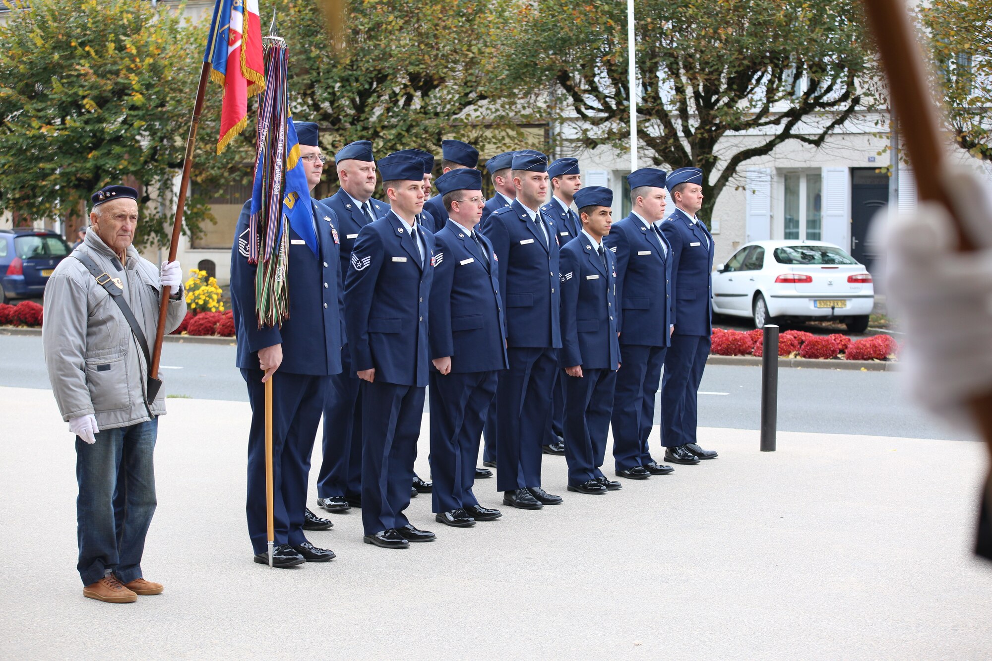 Airmen assigned to the 32nd Aerial Refueling Squadron at Joint Base McGuire-Dix-Lakehurst, New Jersey, stand in formation during an an Armistice Day ceremony Nov. 11, 2019, in Issoudun, France. The Airmen helped commemorate the day and honor fallen Airmen who were stationed at the 3rd Aviation Instruction Center during World War I. (U.S. Air Force photo by Master Sgt. John Bloomer)