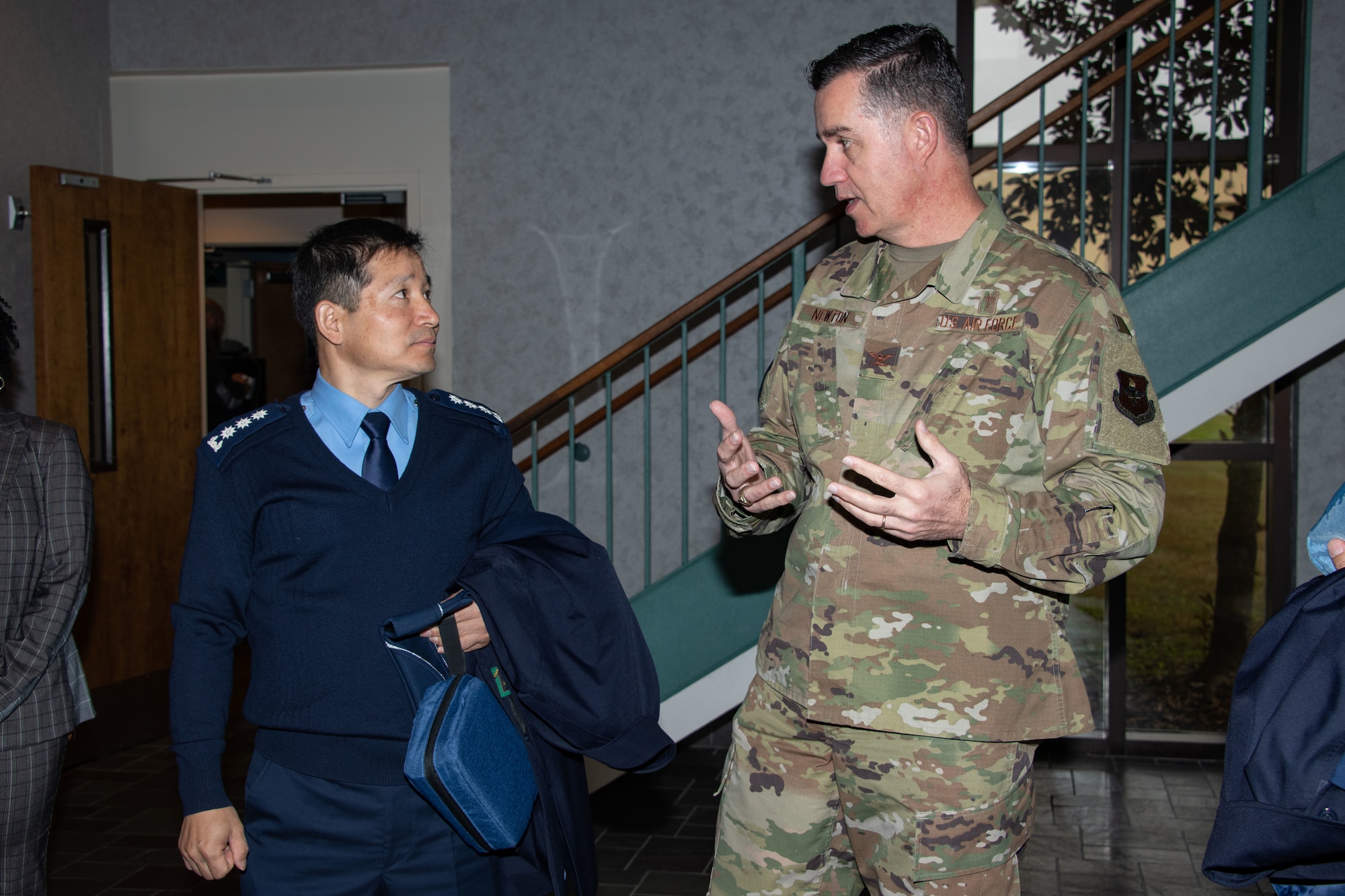 Chaplain, Col. Kwang-Nam Na, Republic of Korea Air Force Chief of Chaplains, listens as Chaplain, Col. Michael Newton, Air Force Chaplain Corps Chief of Chaplains commandant, speaks during his visit to Air University Nov. 14, 2019, at Maxwell, Air Force Base, Alabama. Newton reinforced the Air Force Chief of Chaplain’s strategic intent by highlighting the schoolhouse’s role in training and educating Chaplain Corps personnel