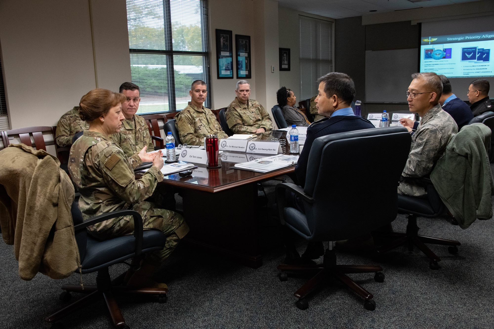 Col. Terri Jones, the Eaker Center for Leadership Development commander, discusses the Eaker Center’s role in developing Air Force leaders with members of the Republic of Korea Air Force Chaplain Corps during a visit to Air University Nov. 14, 2019, at Maxwell, Air Force Base, Alabama. Jones also expounded on the Air Force Chaplain Corps College task of providing initial and continuing skill-set training and education for Chaplain Corps personnel at key milestones in their careers.