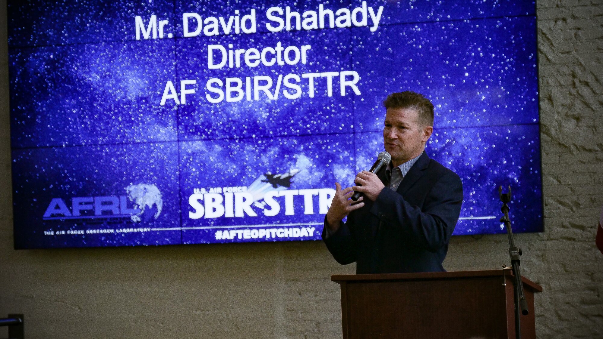 David Shahady, Director, AF SBIR/STTR, delivers opening comments to attendees of the first Air Force Technology Executive Officer Pitch Day Nov. 15 at the Steam Plant and the Wright Brothers Institute in Dayton. (U.S. Air Force photo/Keith Lewis)